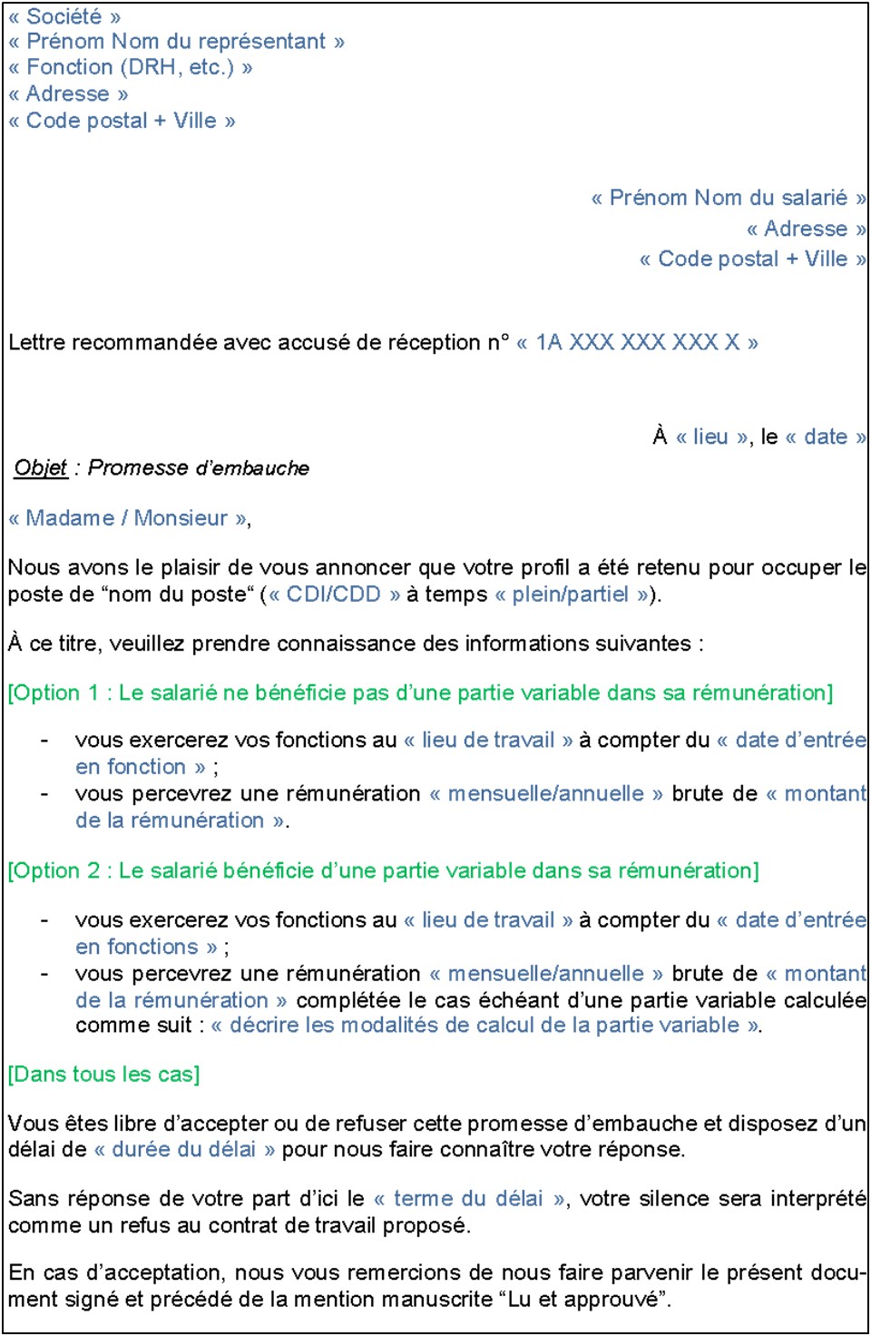 Modèle de promesse d'embauche